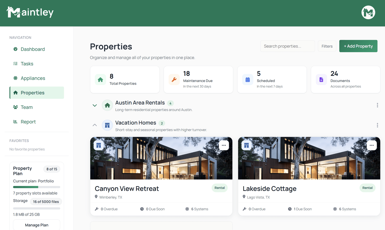 Maintley multi-property dashboard showing property maintenance records
