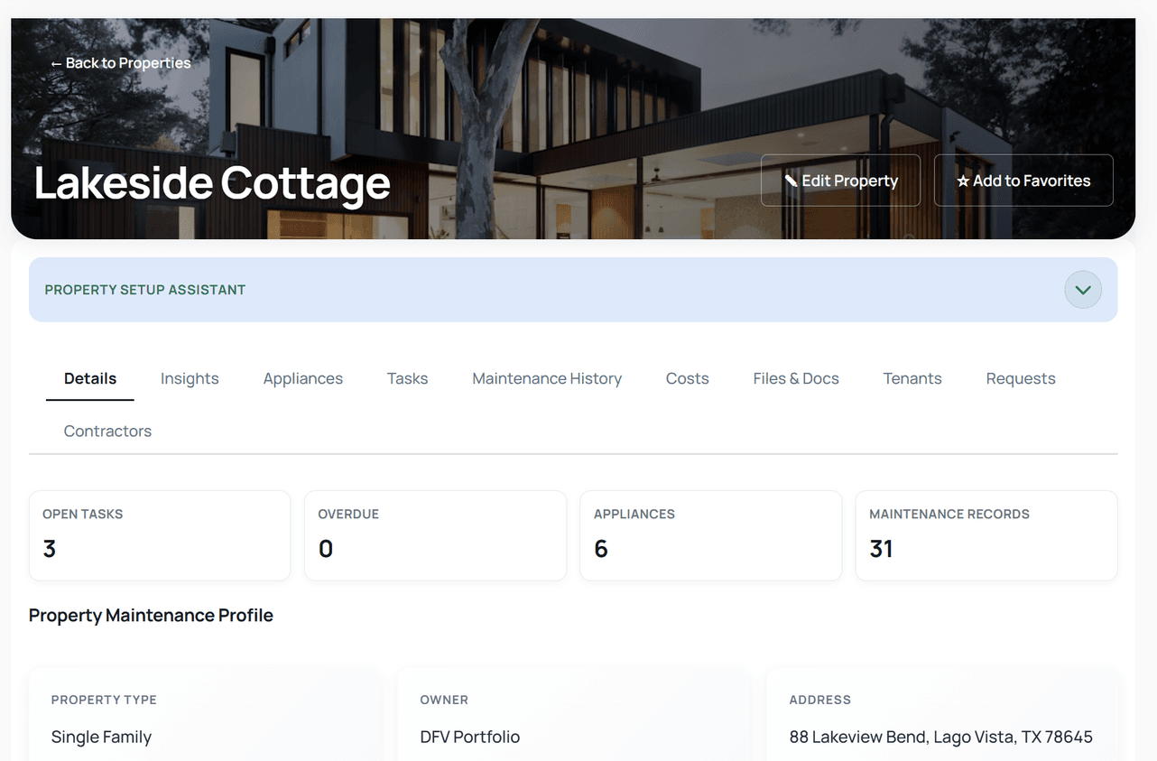 Maintley Property Details page showing maintenance sections and record counts