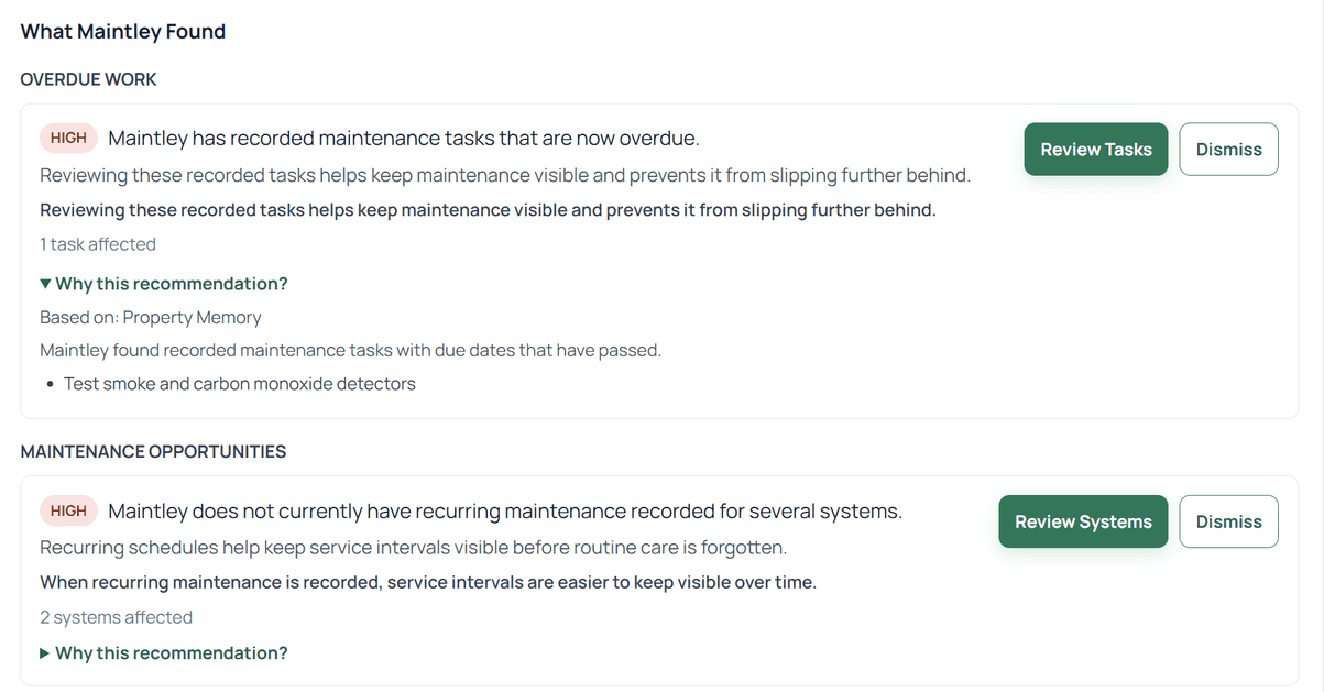 Maintley Intelligence property scan results showing explainable maintenance findings
