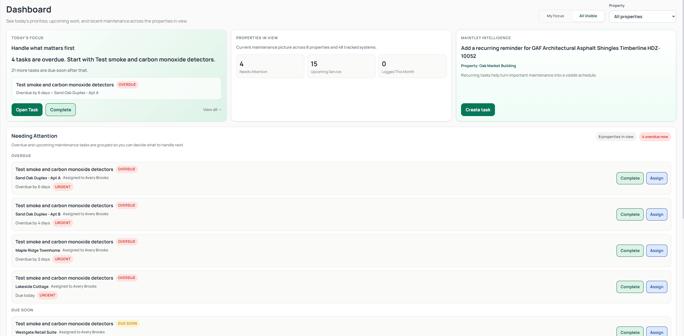 Maintley dashboard showing home maintenance tasks, recent maintenance, and property intelligence