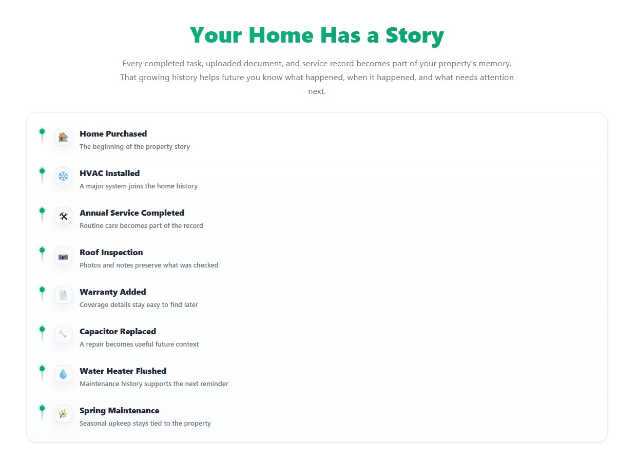 Maintley home timeline showing maintenance history and home activity